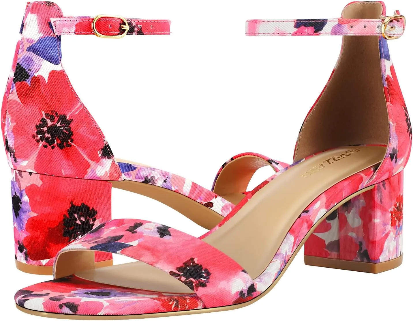 PIZZ ANNU Women's Low Block Chunky Heels Sandals Comfortable Open Toe Ankle Strap Party Dress Pump Shoes Strappy Buckle Heeled Sandal with 2 Inches Tall Thick Heel Design