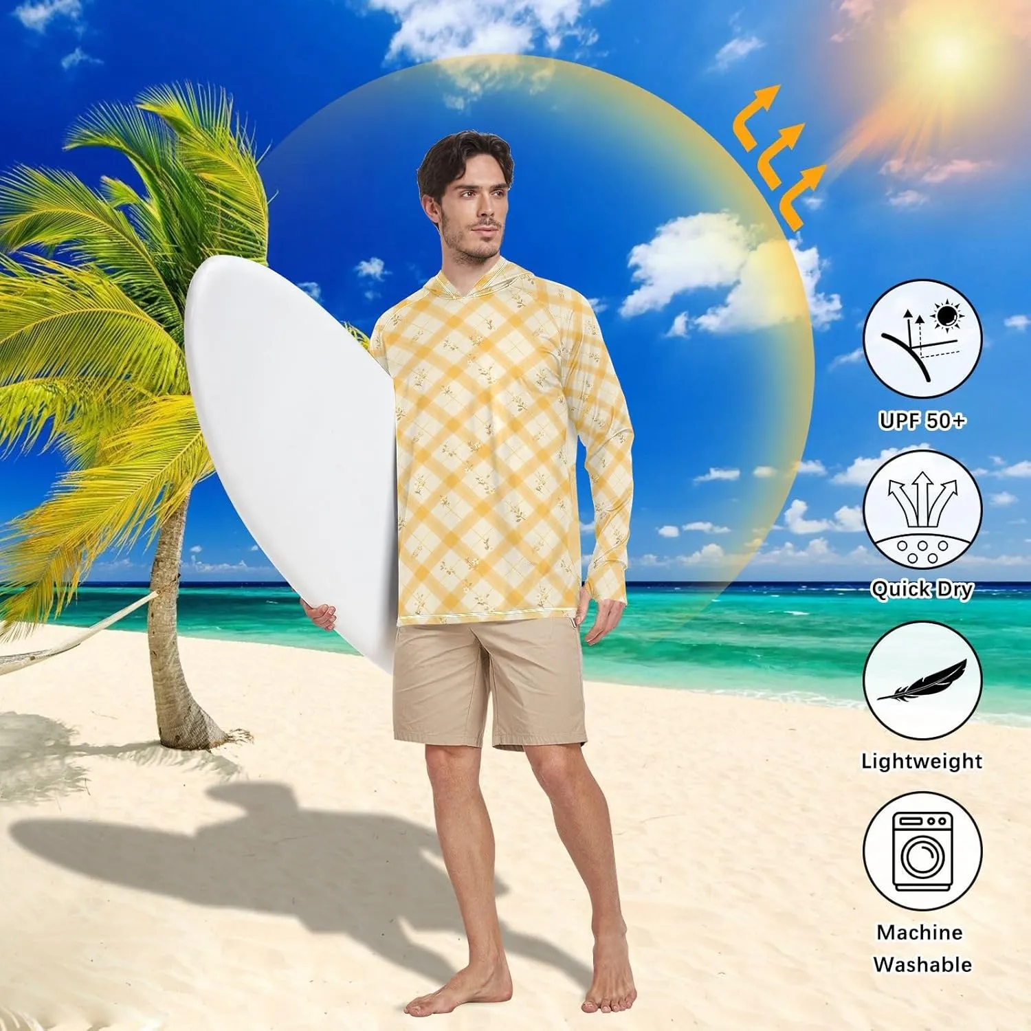 Plaid Floral Mens Hoodie Sun Protection Long Sleeve UPF 50   Sun Shirt with Hood Sailing Shirts Rash Guard Men UV