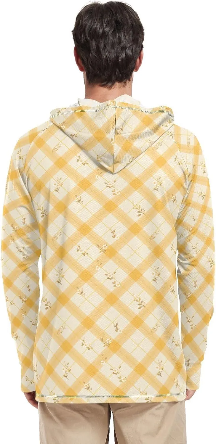 Plaid Floral Mens Hoodie Sun Protection Long Sleeve UPF 50   Sun Shirt with Hood Sailing Shirts Rash Guard Men UV