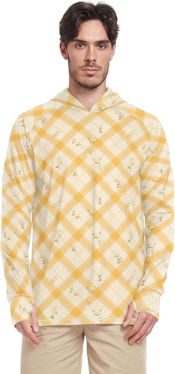 Plaid Floral Mens Hoodie Sun Protection Long Sleeve UPF 50   Sun Shirt with Hood Sailing Shirts Rash Guard Men UV