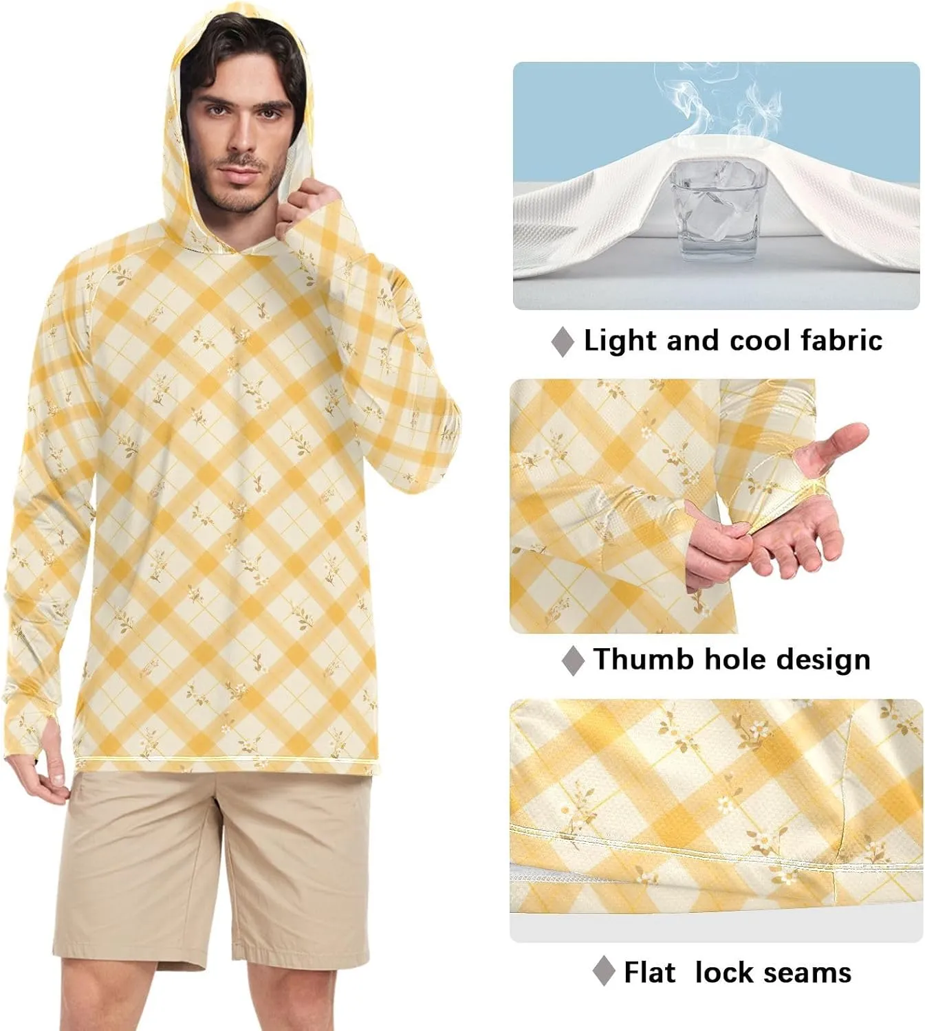 Plaid Floral Mens Hoodie Sun Protection Long Sleeve UPF 50   Sun Shirt with Hood Sailing Shirts Rash Guard Men UV