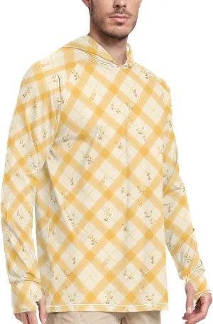 Plaid Floral Mens Hoodie Sun Protection Long Sleeve UPF 50   Sun Shirt with Hood Sailing Shirts Rash Guard Men UV