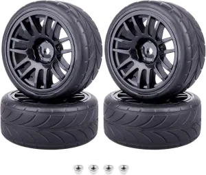 Preglued 1/10 On Road Wheels and Tires 12mm Hex Wheels Rubber Flat Racing Tires for Traxxas 4tec 2.0 3.0 Tamiya TT02 TT01 HPI RS4 Wltoys 144001 Kyosho Fazer 4PCS
