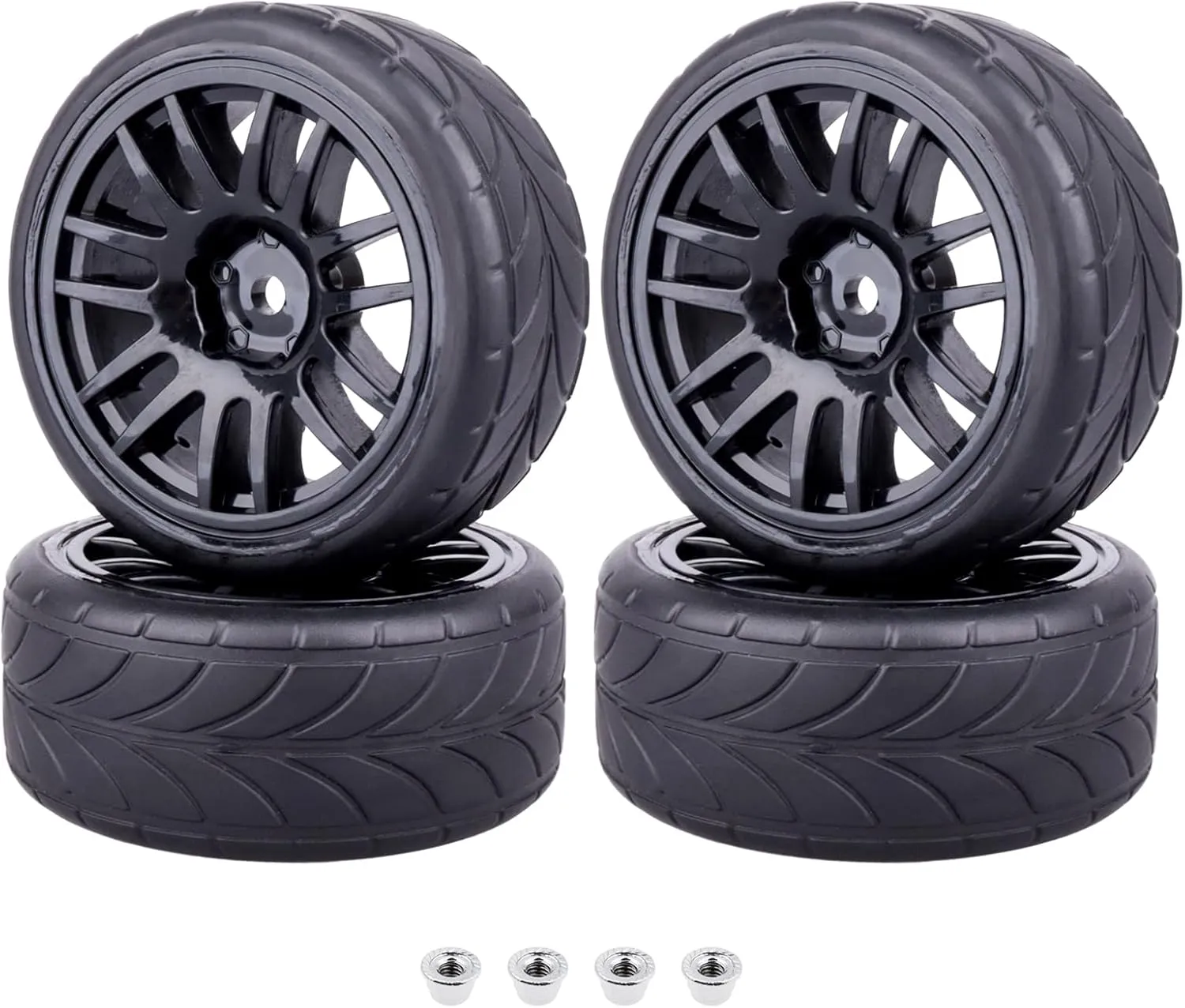 Preglued 1/10 On Road Wheels and Tires 12mm Hex Wheels Rubber Flat Racing Tires for Traxxas 4tec 2.0 3.0 Tamiya TT02 TT01 HPI RS4 Wltoys 144001 Kyosho Fazer 4PCS