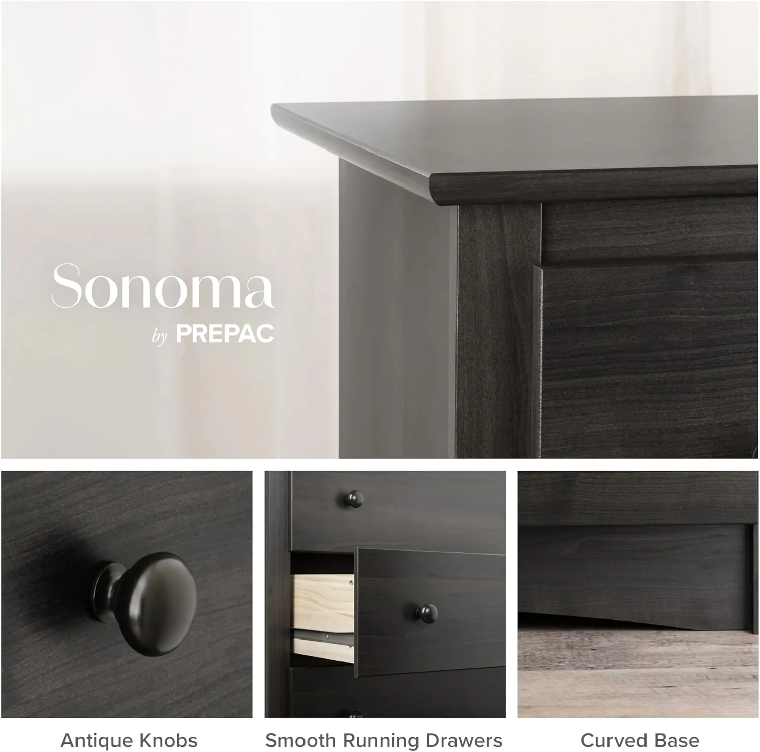 Prepac Sonoma Traditional 5-Drawer Tall Dresser for Bedroom, Functional Bedroom Dresser Chest of Drawers 17.75" D x 31.5" W x 44.75" H, Washed Black