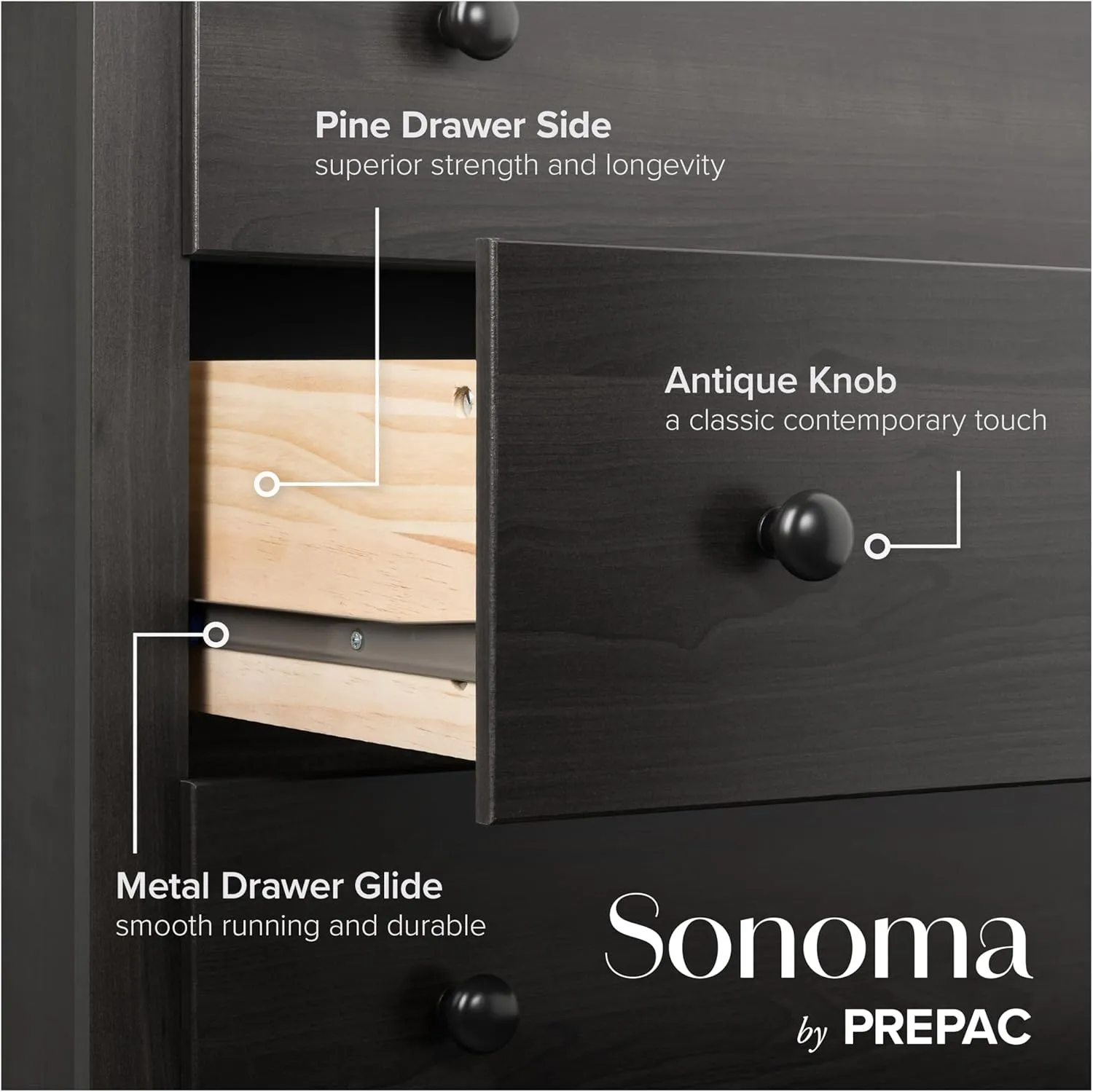 Prepac Sonoma Traditional 5-Drawer Tall Dresser for Bedroom, Functional Bedroom Dresser Chest of Drawers 17.75" D x 31.5" W x 44.75" H, Washed Black