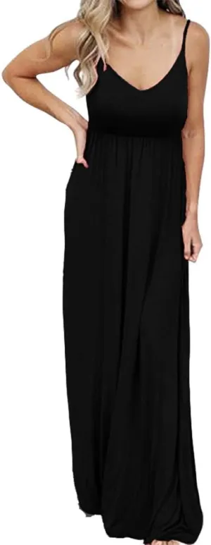 PRIMODA Women's Summer Casual Sleeveless V Neck Adjustable Spaghetti Strap Maxi Long Dress