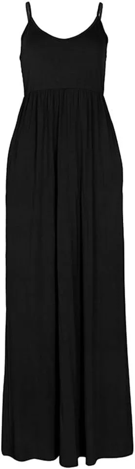 PRIMODA Women's Summer Casual Sleeveless V Neck Adjustable Spaghetti Strap Maxi Long Dress