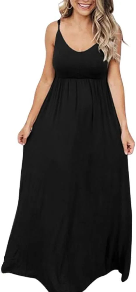 PRIMODA Women's Summer Casual Sleeveless V Neck Adjustable Spaghetti Strap Maxi Long Dress