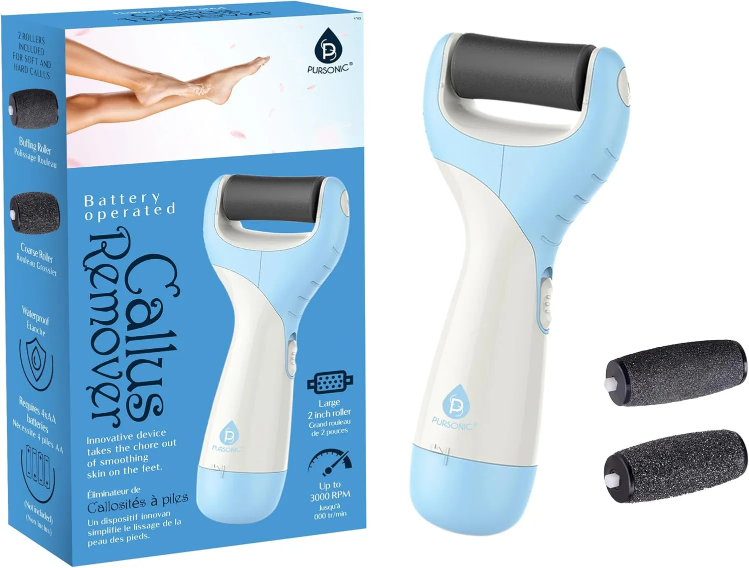 Pursonic Foot Callus Remover Battery-Operated Electric Foot Scrub Pedicure Tool- Electronic Foot File Dead Skin Remover for Feet with 2 Spinning Foot Pumice Heads for Cracked Skin