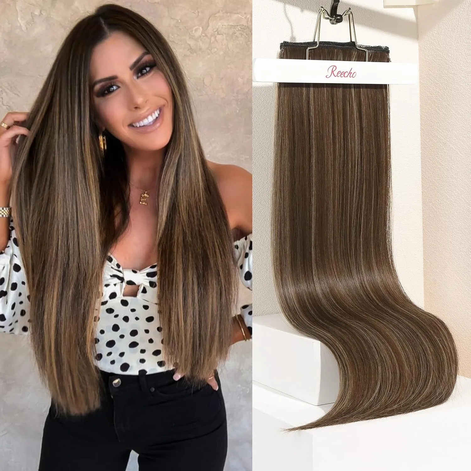 REECHO Clip in Hair Extensions, Hair Extensions Thick Long Lace Weft Lightweight Synthetic Hairpieces for Women 24 Inch-240 Gram(Pack of 5), Chocolate Brown with Highlights