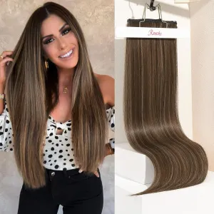 REECHO Clip in Hair Extensions, Hair Extensions Thick Long Lace Weft Lightweight Synthetic Hairpieces for Women 24 Inch-240 Gram(Pack of 5), Chocolate Brown with Highlights