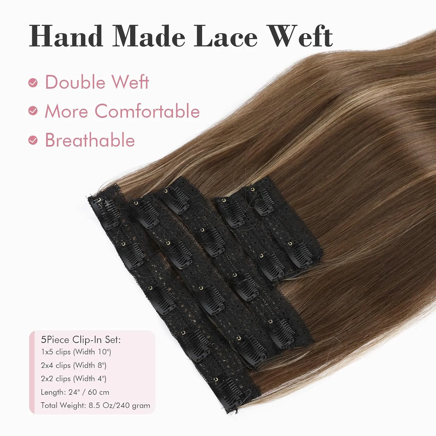 REECHO Clip in Hair Extensions, Hair Extensions Thick Long Lace Weft Lightweight Synthetic Hairpieces for Women 24 Inch-240 Gram(Pack of 5), Chocolate Brown with Highlights