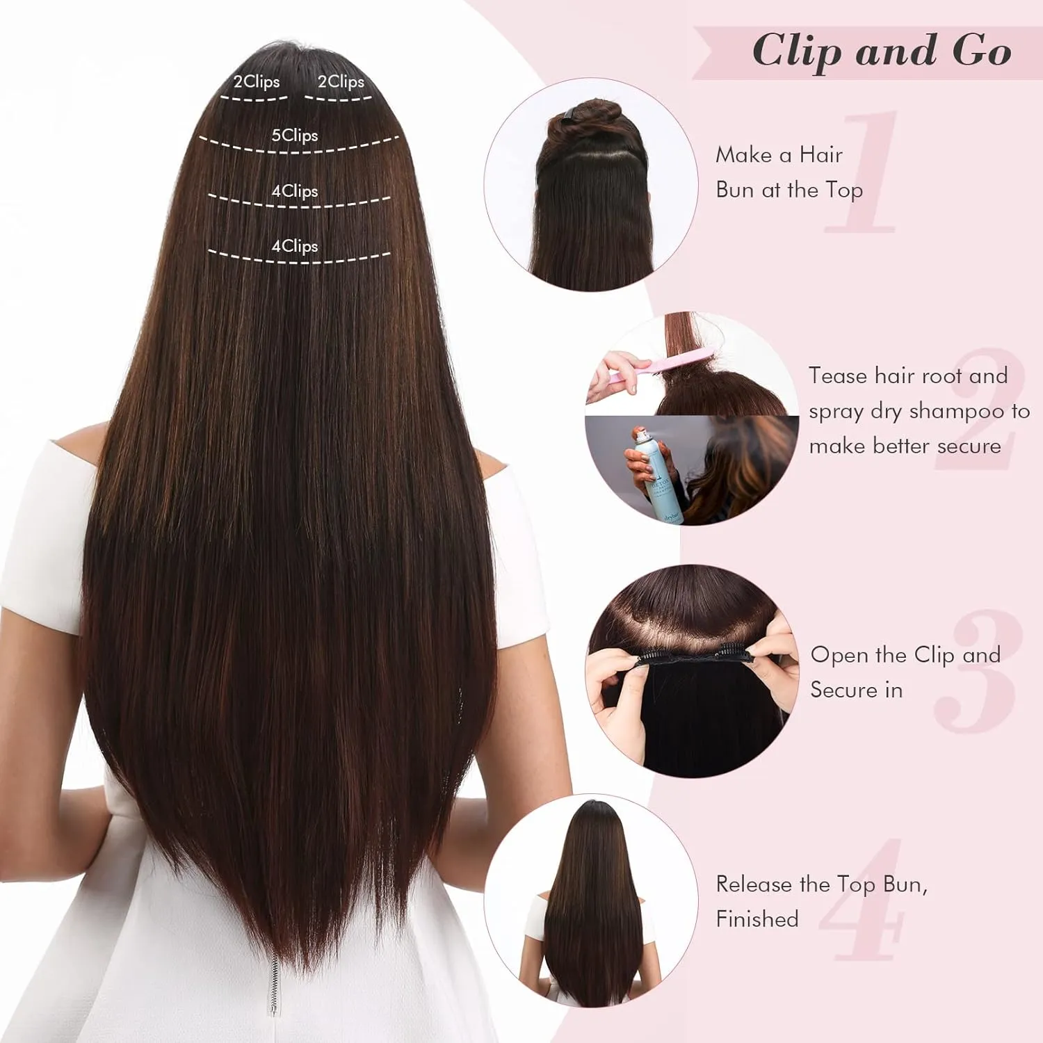 REECHO Clip in Hair Extensions, Hair Extensions Thick Long Lace Weft Lightweight Synthetic Hairpieces for Women 24 Inch-240 Gram(Pack of 5), Chocolate Brown with Highlights