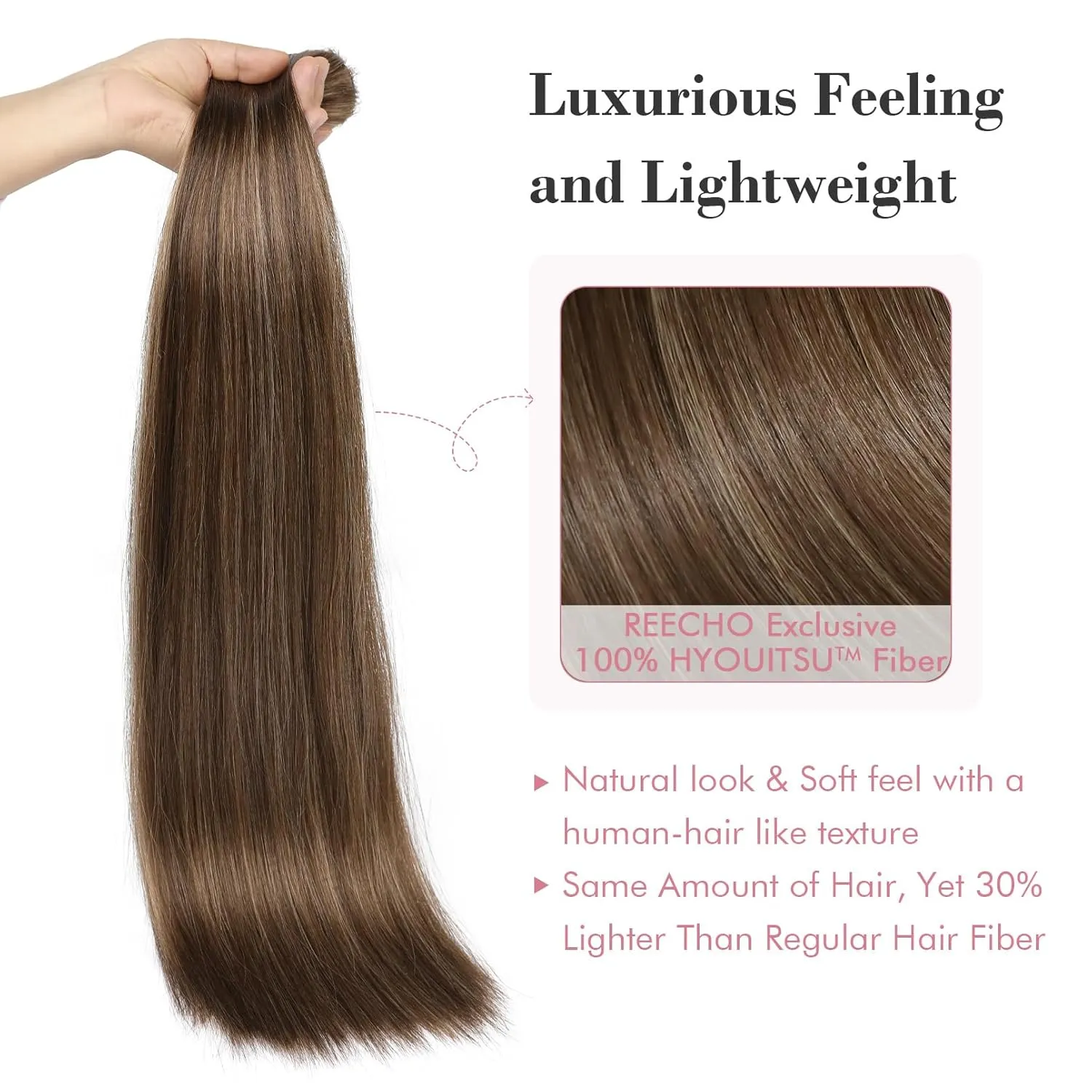 REECHO Clip in Hair Extensions, Hair Extensions Thick Long Lace Weft Lightweight Synthetic Hairpieces for Women 24 Inch-240 Gram(Pack of 5), Chocolate Brown with Highlights