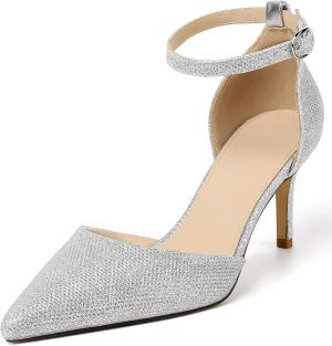RIBONGZ Women's Wedding Shoes Glitter Sparkly Pointed Toe Strappy High Heels Sexy Ankle Strap Pumps Bridal Party Work Dress Shoes
