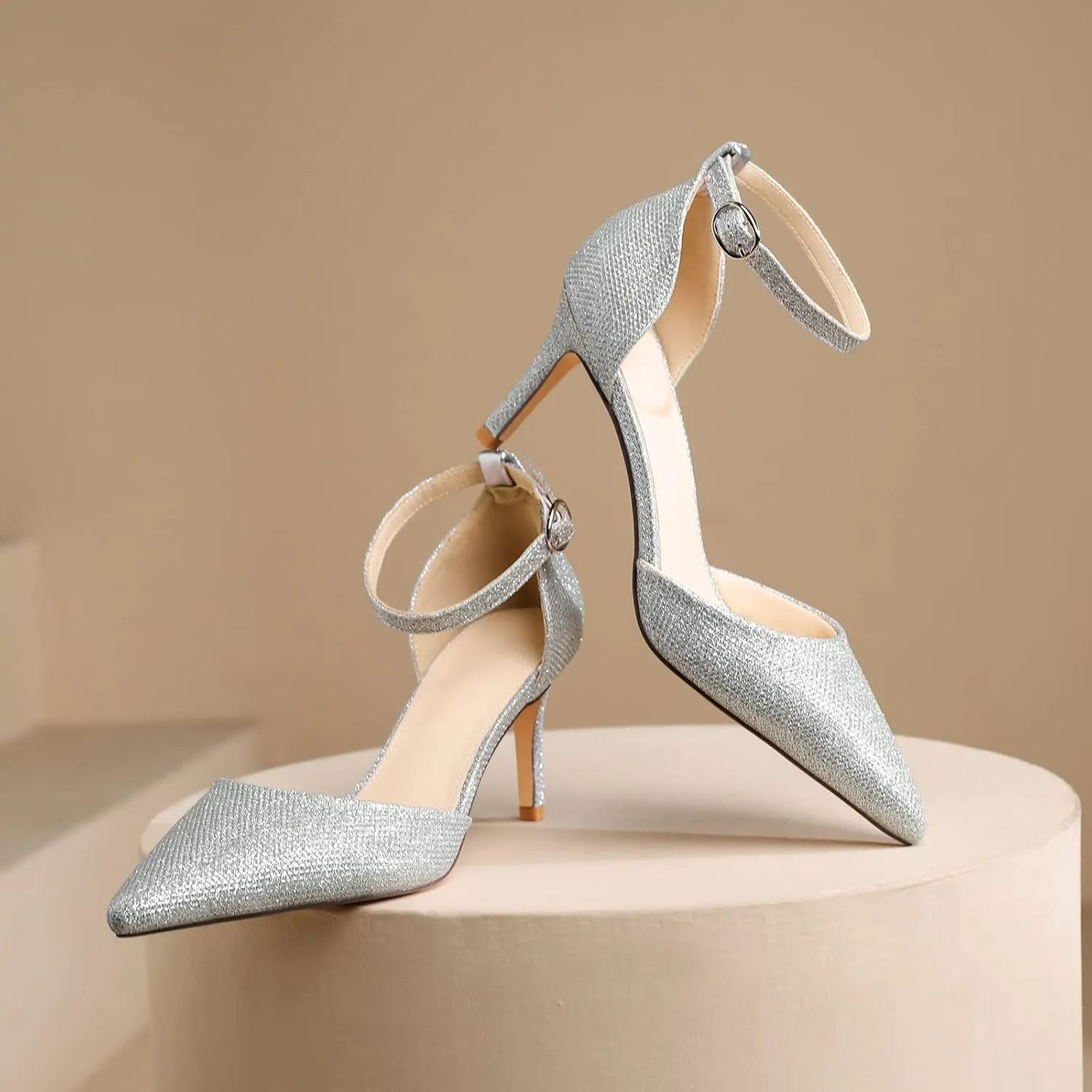 RIBONGZ Women's Wedding Shoes Glitter Sparkly Pointed Toe Strappy High Heels Sexy Ankle Strap Pumps Bridal Party Work Dress Shoes