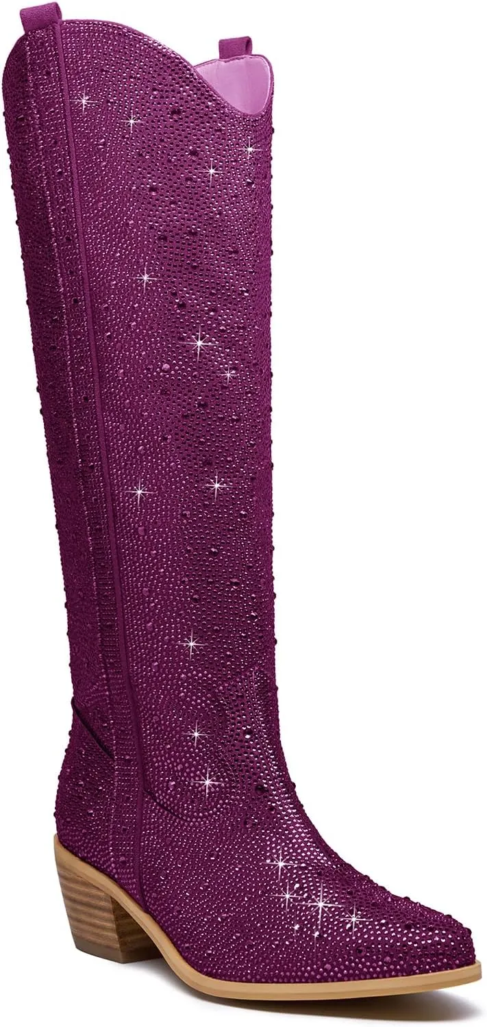 RKQ Women's Sparkly Rhinestone Western Glitter Pointed Toe Block mid Heel Knee High Cowboy Boots Zipper Pull-on Tabs for Girl Party Dating bling Cowgirl shoes