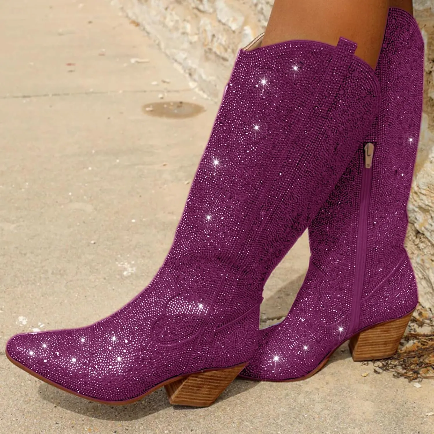 RKQ Women's Sparkly Rhinestone Western Glitter Pointed Toe Block mid Heel Knee High Cowboy Boots Zipper Pull-on Tabs for Girl Party Dating bling Cowgirl shoes
