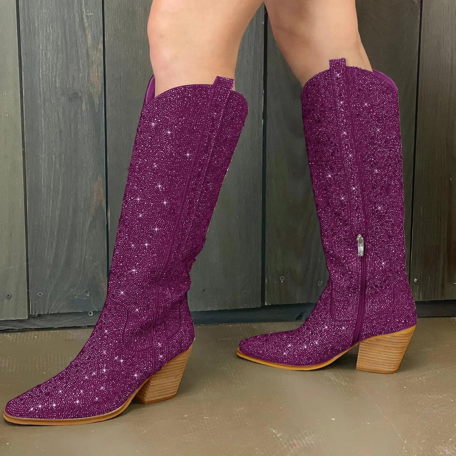 RKQ Women's Sparkly Rhinestone Western Glitter Pointed Toe Block mid Heel Knee High Cowboy Boots Zipper Pull-on Tabs for Girl Party Dating bling Cowgirl shoes