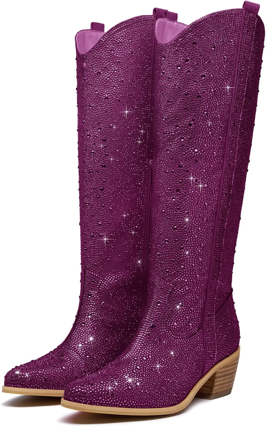 RKQ Women's Sparkly Rhinestone Western Glitter Pointed Toe Block mid Heel Knee High Cowboy Boots Zipper Pull-on Tabs for Girl Party Dating bling Cowgirl shoes