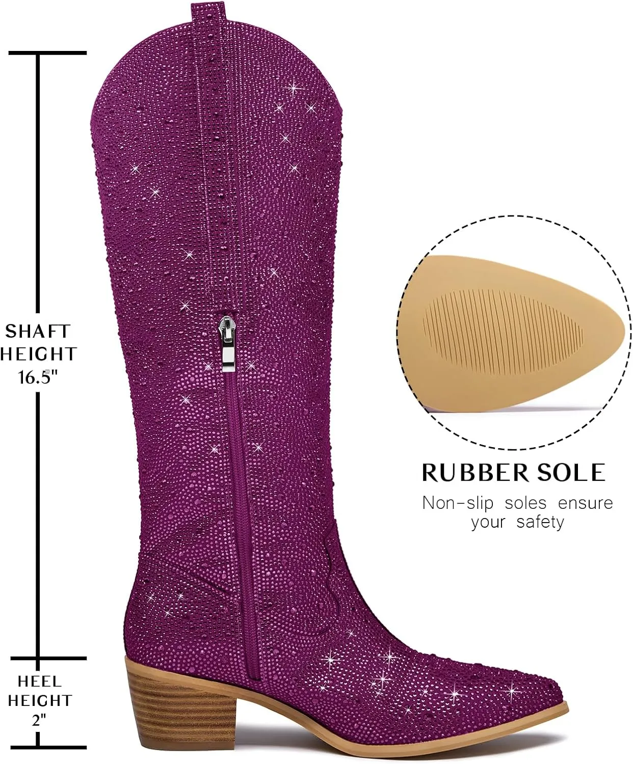 RKQ Women's Sparkly Rhinestone Western Glitter Pointed Toe Block mid Heel Knee High Cowboy Boots Zipper Pull-on Tabs for Girl Party Dating bling Cowgirl shoes