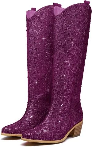 RKQ Women's Sparkly Rhinestone Western Glitter Pointed Toe Block mid Heel Knee High Cowboy Boots Zipper Pull-on Tabs for Girl Party Dating bling Cowgirl shoes