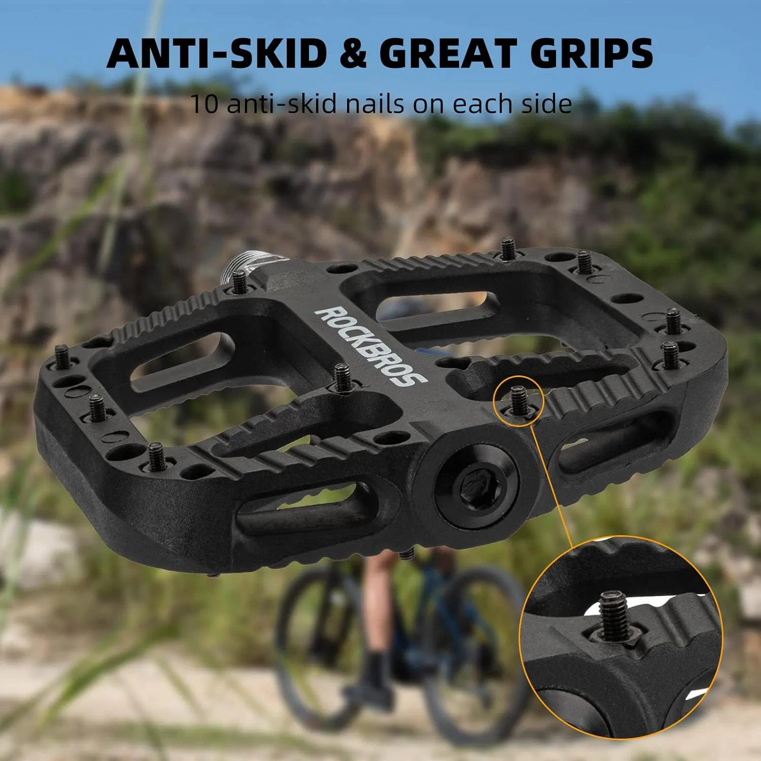 Rock BROS Mountain Bike Pedals Nylon Composite Bearing 9/16" MTB Bicycle Pedals with Wide Flat Platform