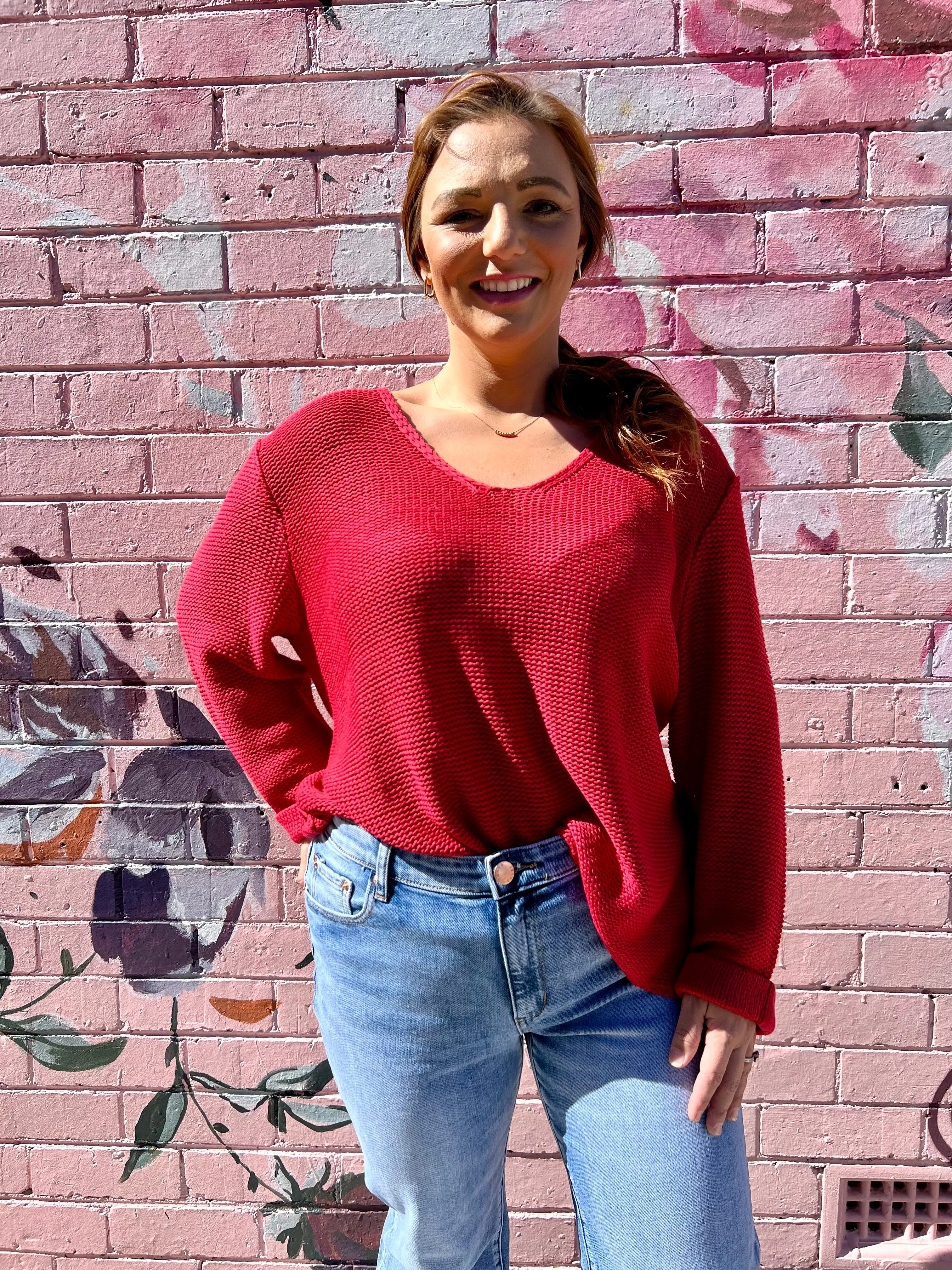 Roll Sleeve Knit - Red