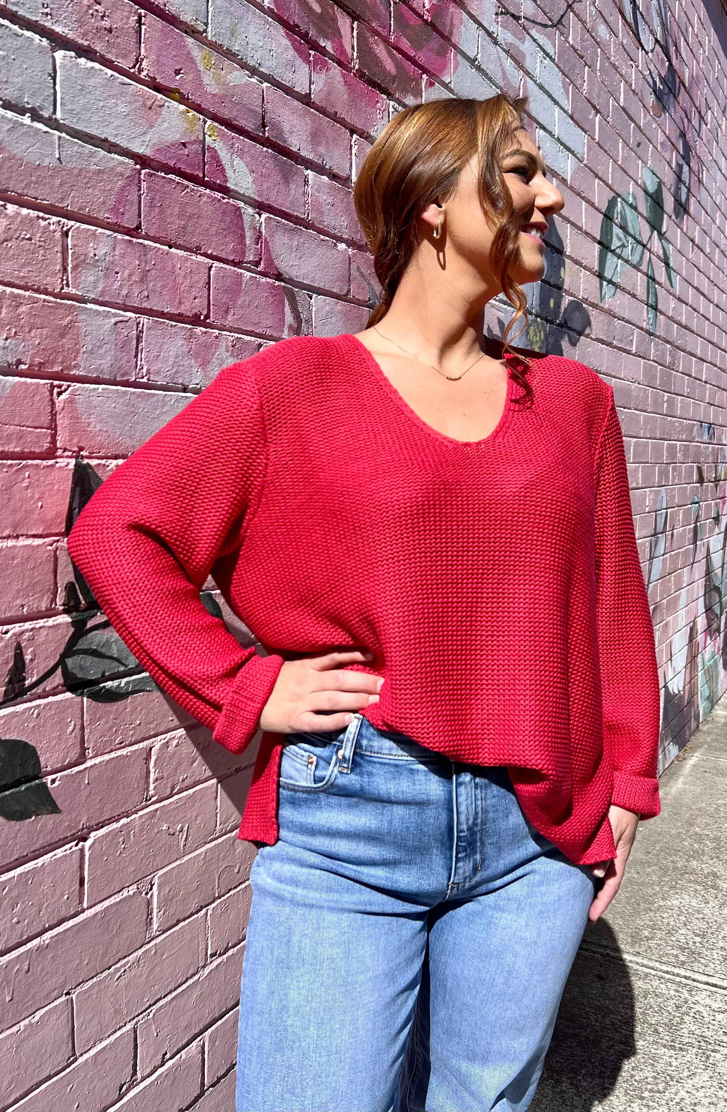 Roll Sleeve Knit - Red