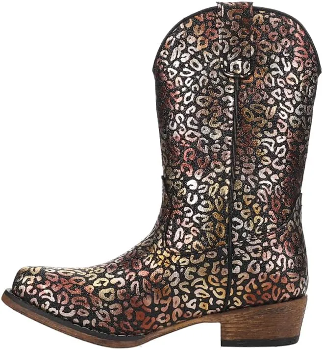 ROPER Kids Girls Riley Leopard Snip Toe Casual Boots Mid Calf - Black, Gold, Silver