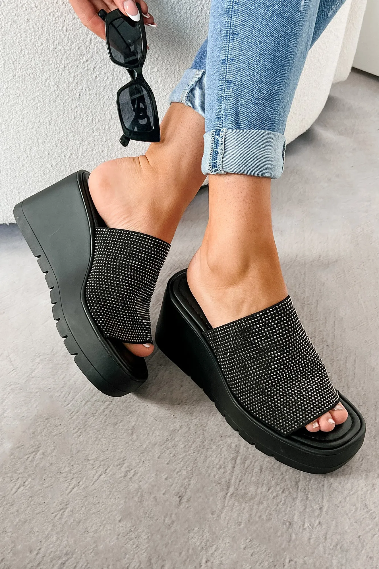 Roxy Rhinestone Strap Platform Wedge Sandal (Black)