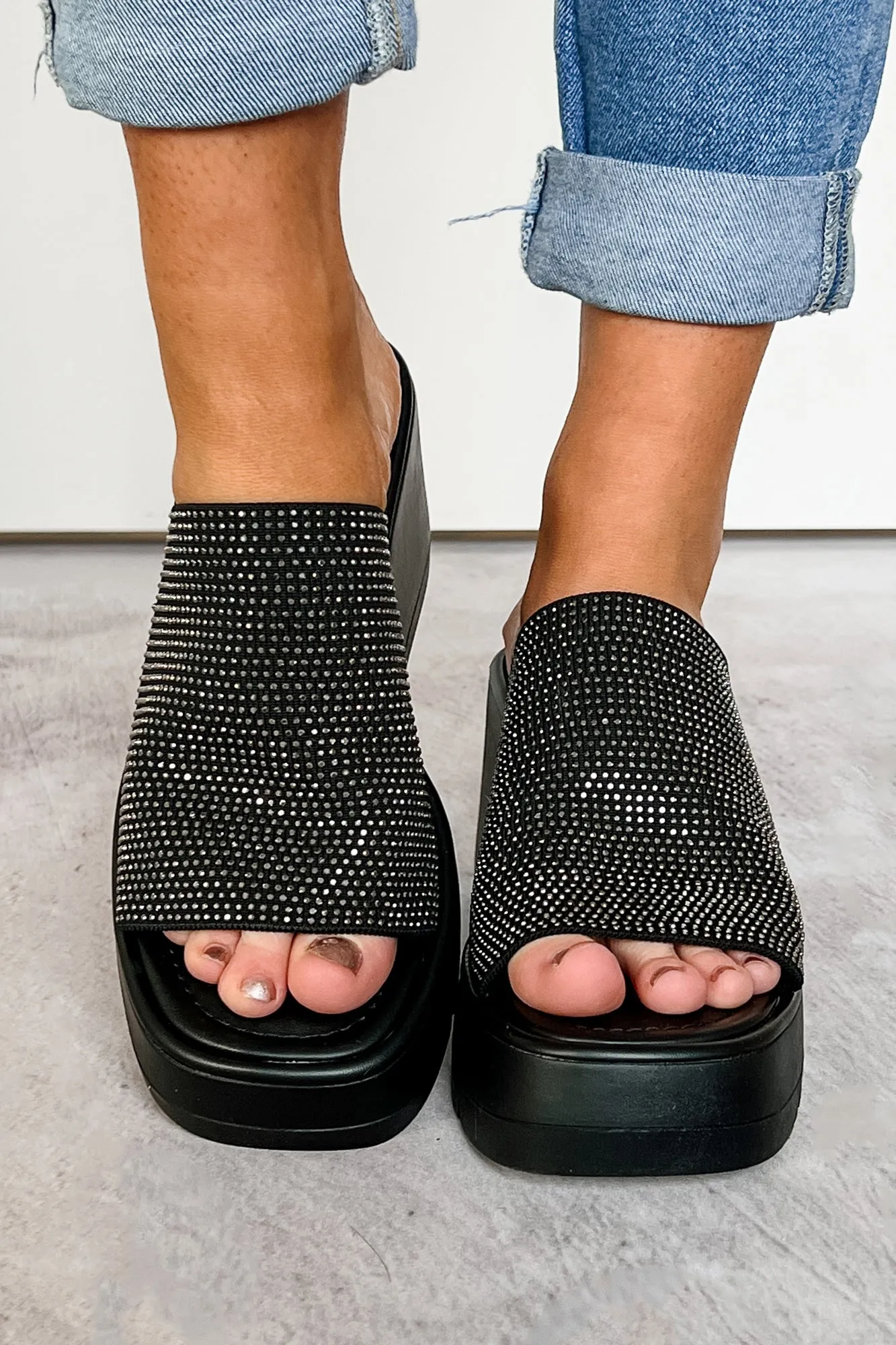 Roxy Rhinestone Strap Platform Wedge Sandal (Black)
