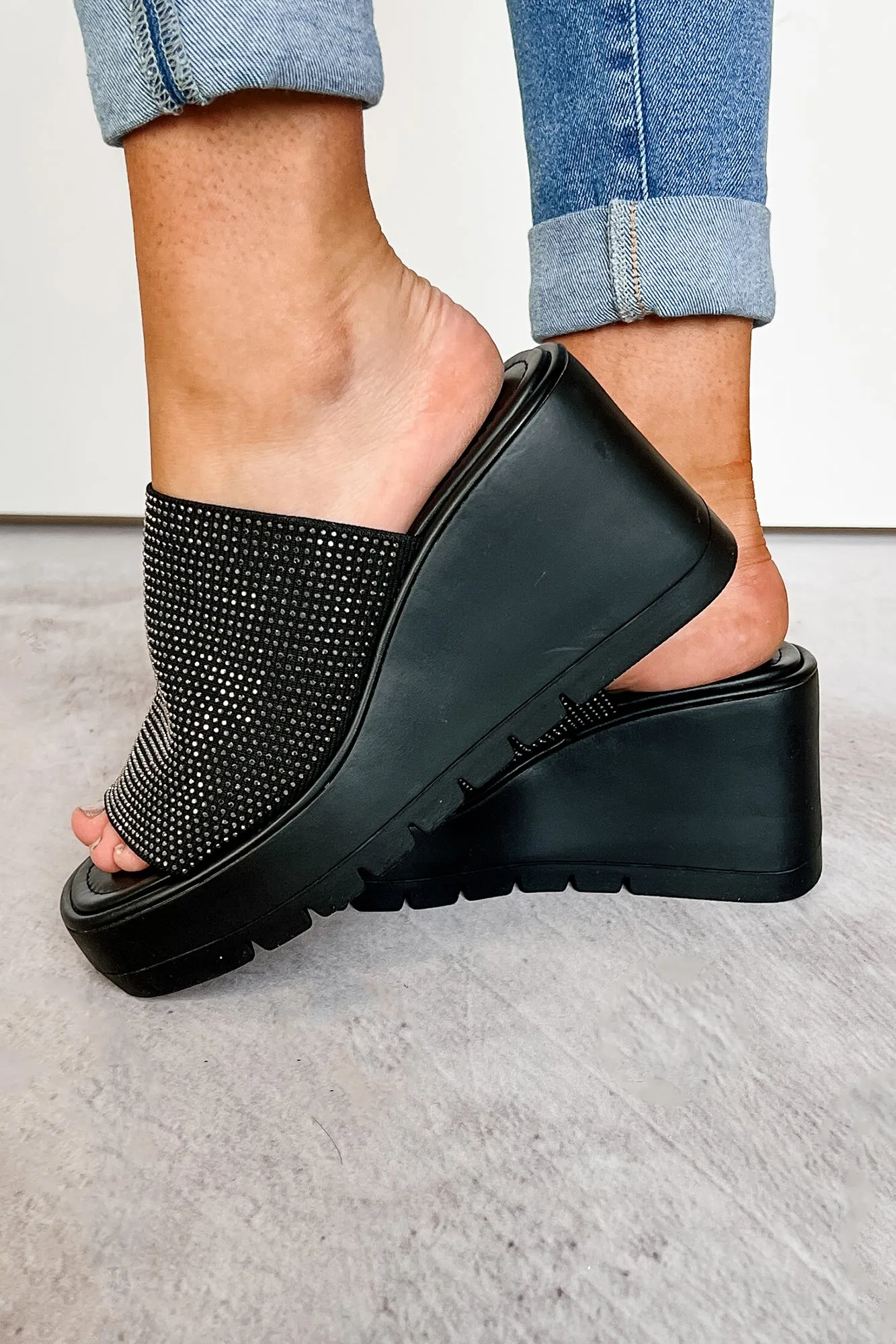 Roxy Rhinestone Strap Platform Wedge Sandal (Black)