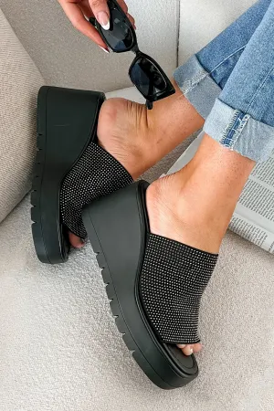 Roxy Rhinestone Strap Platform Wedge Sandal (Black)