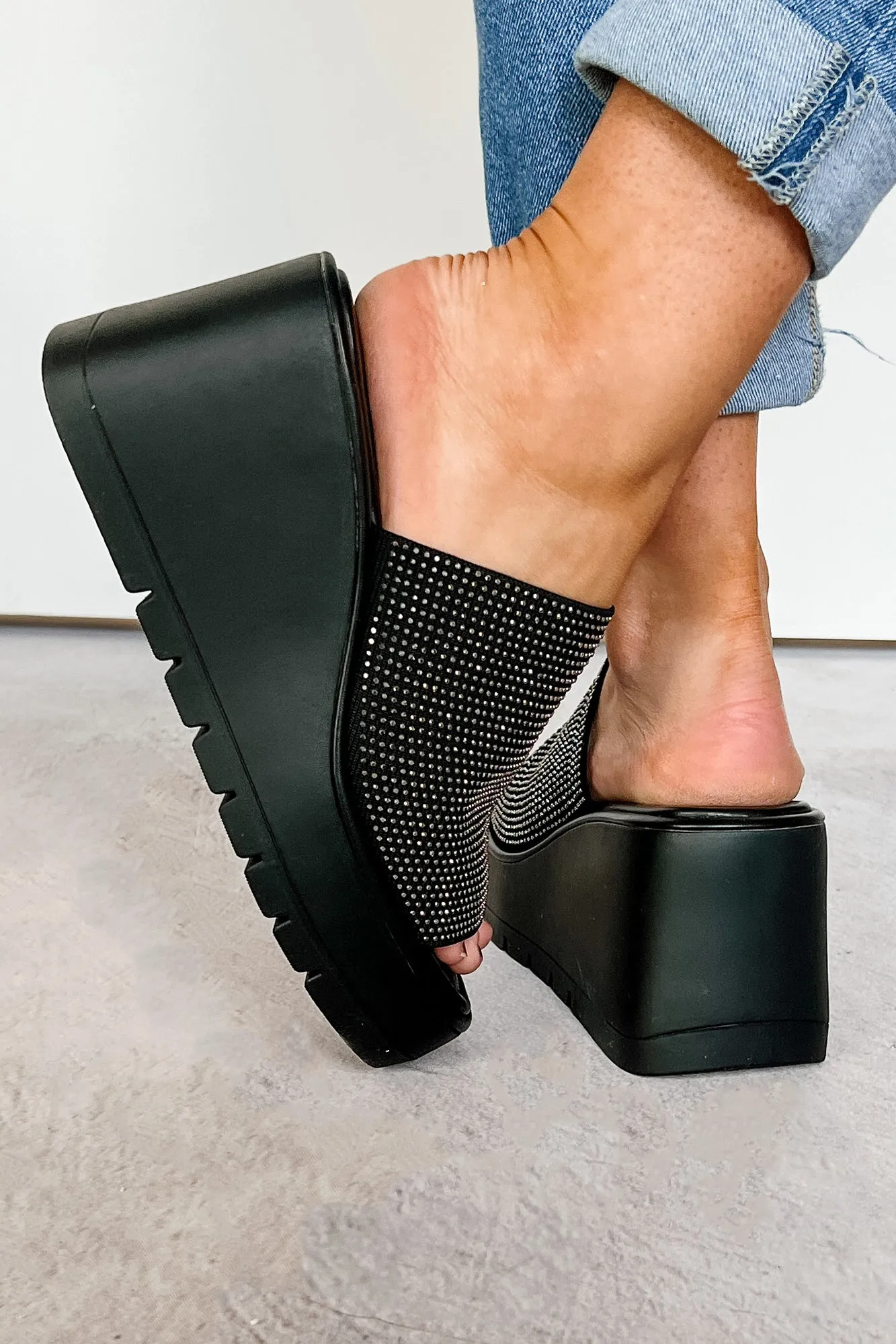 Roxy Rhinestone Strap Platform Wedge Sandal (Black)