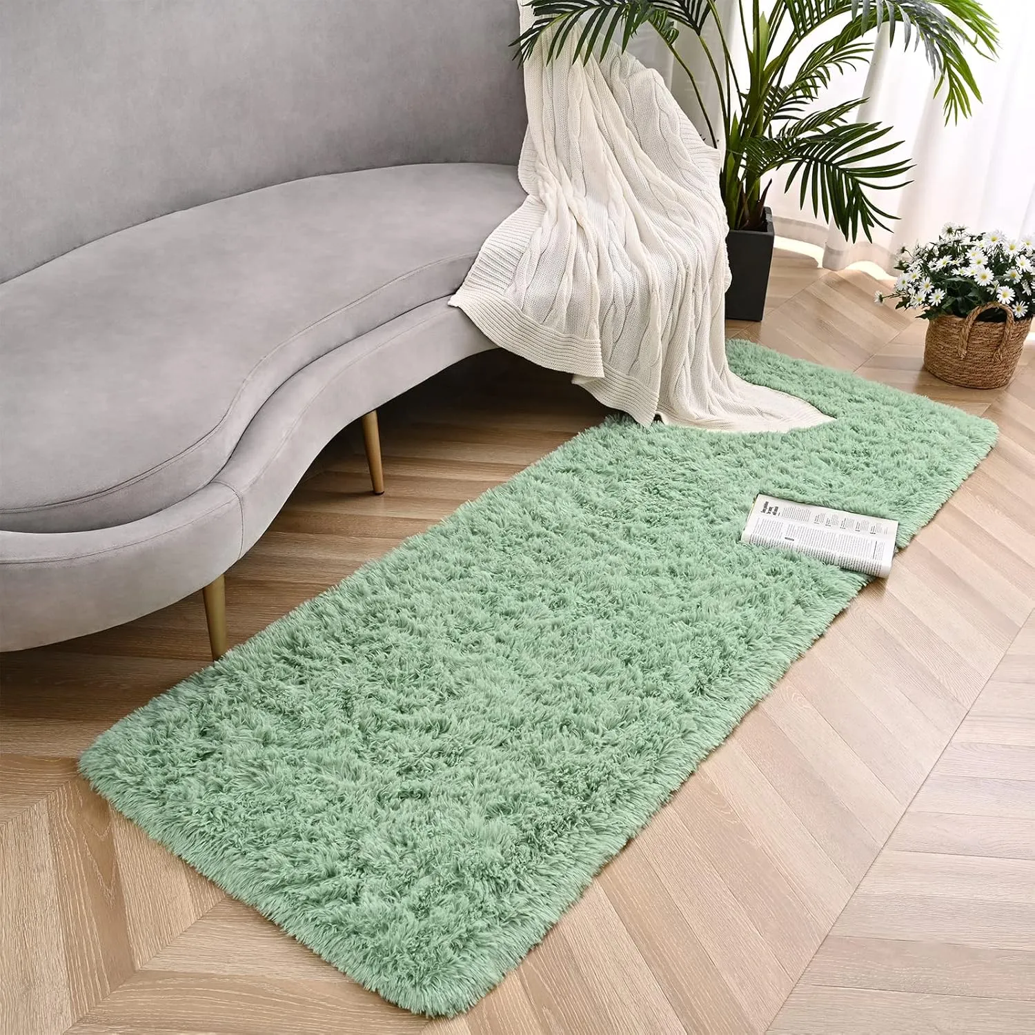 Sage Green Rug for Bedroom, 2x6 Fluffy Bedside Rugs Runner Throw Area Rug Carpets,Soft Shaggy Rug for Kids Boys Girls Room Nursery, Furry Shag Small Rug Indoor Carpet Home Decor
