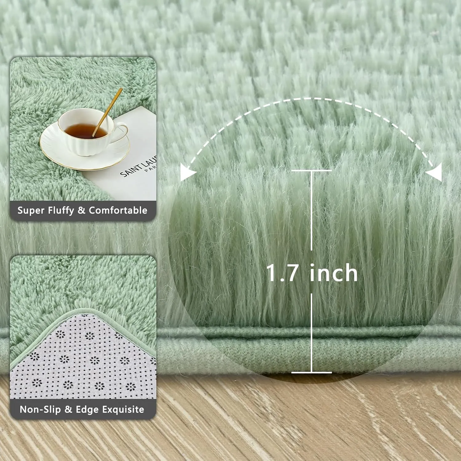 Sage Green Rug for Bedroom, 2x6 Fluffy Bedside Rugs Runner Throw Area Rug Carpets,Soft Shaggy Rug for Kids Boys Girls Room Nursery, Furry Shag Small Rug Indoor Carpet Home Decor
