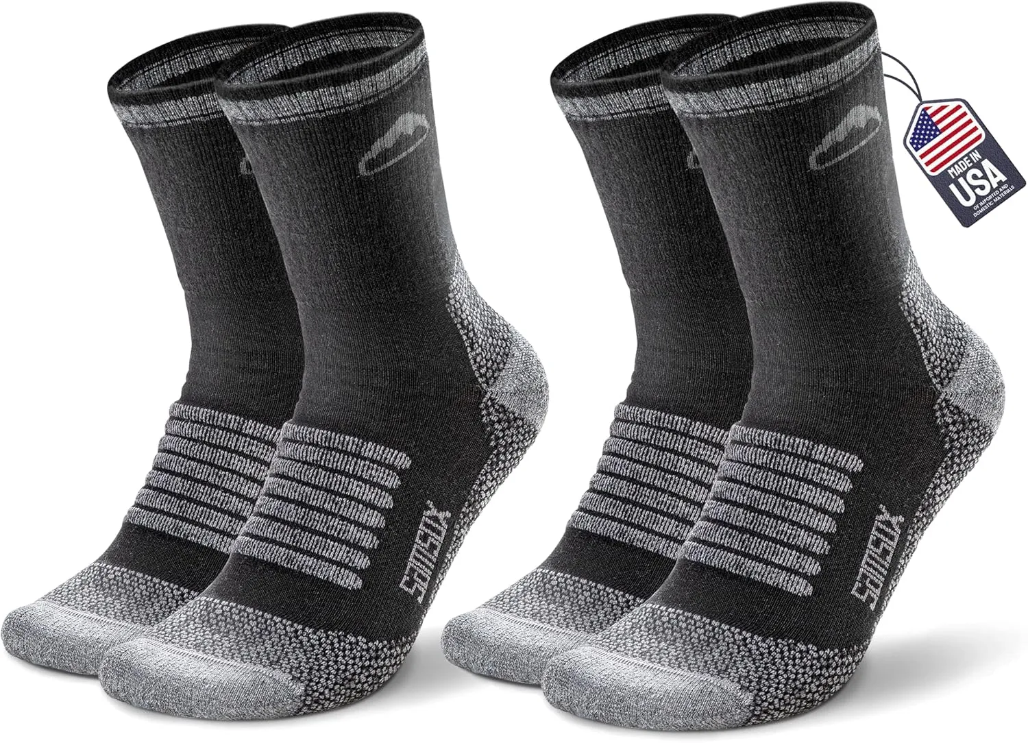 SAMSOX 2 Pack Merino Wool Hiking Socks, Made in USA, Moisture Wicking Cushion Socks for Men & Women (Charleston Micro Crew)