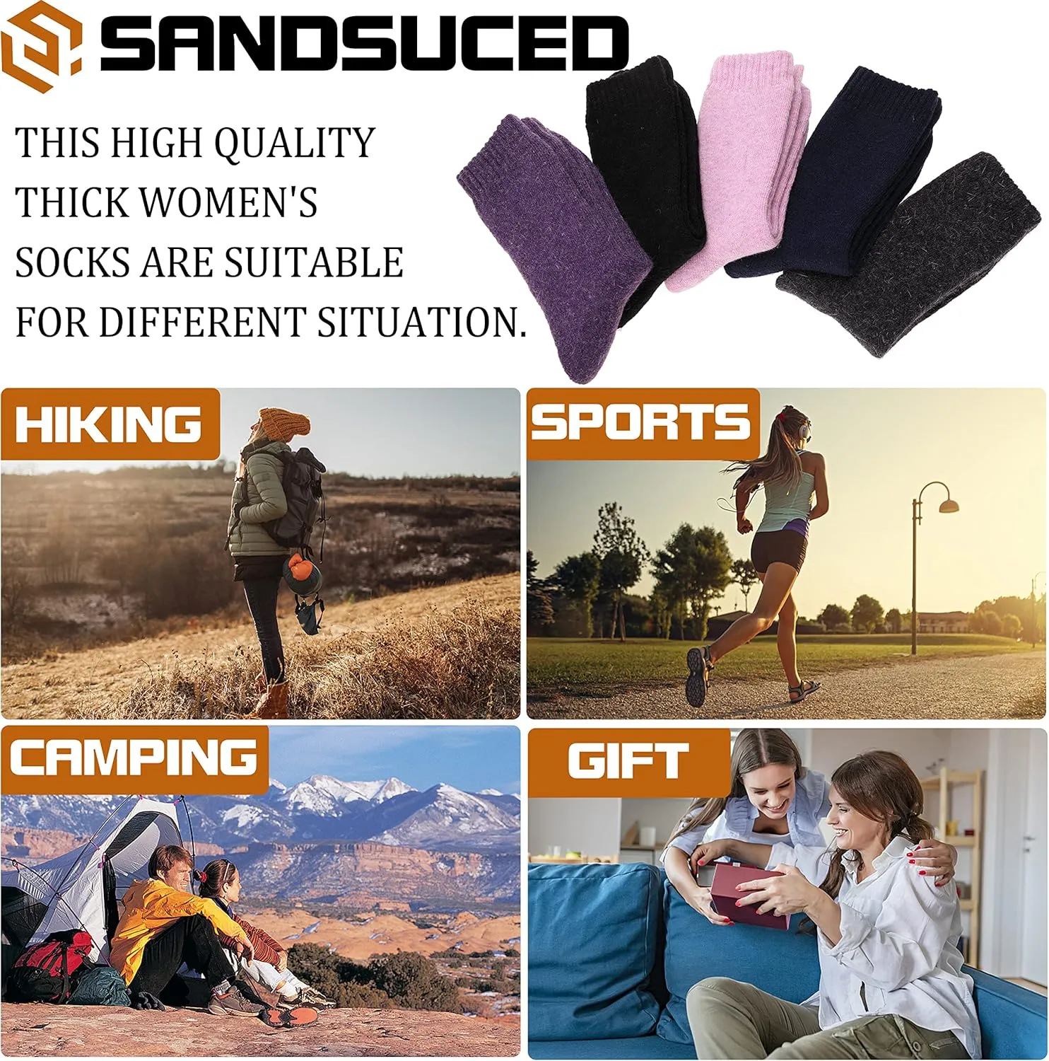 Sandsuced 5 Pack Merino Wool Hiking Socks for Women Warm Winter Thick Thermal Cozy Boot Work Soft Ladies Socks