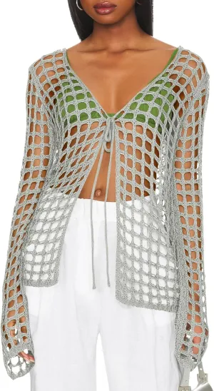 Saodimallsu Womens Long Sleeve Swimsuit Coverup Crochet Hollow Out Tie Front Swim Cover Up Knit Cardigan