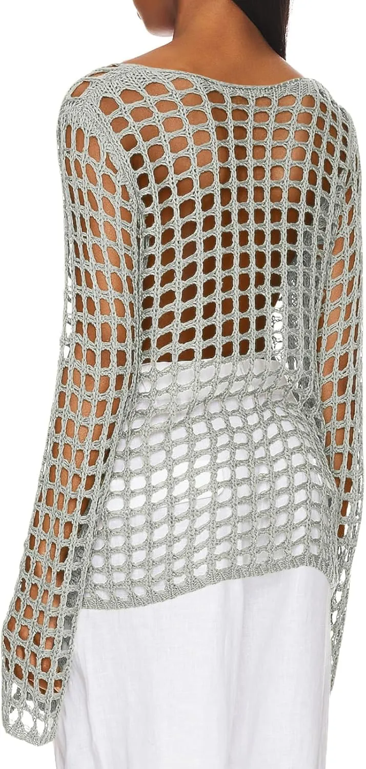 Saodimallsu Womens Long Sleeve Swimsuit Coverup Crochet Hollow Out Tie Front Swim Cover Up Knit Cardigan