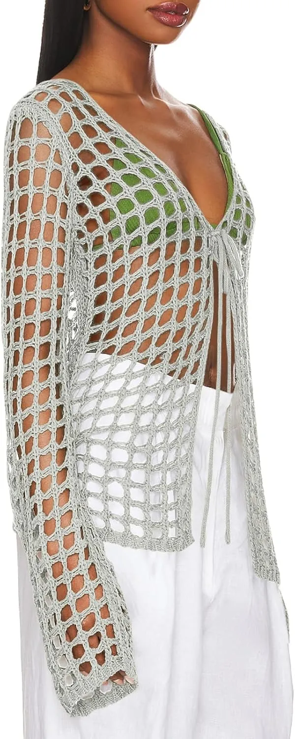 Saodimallsu Womens Long Sleeve Swimsuit Coverup Crochet Hollow Out Tie Front Swim Cover Up Knit Cardigan