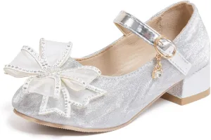 Sawimlgy Girls Sparkle Dress Shoes Toddler Glitter Princess Heels Kids Bows Mary Jane Girl Shoes for Wedding Party Dance Costume Easter