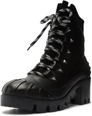 SCHUTZ Jan Black Leather Lace Up Block Heel Rounded Toe Womens Ankle Booties