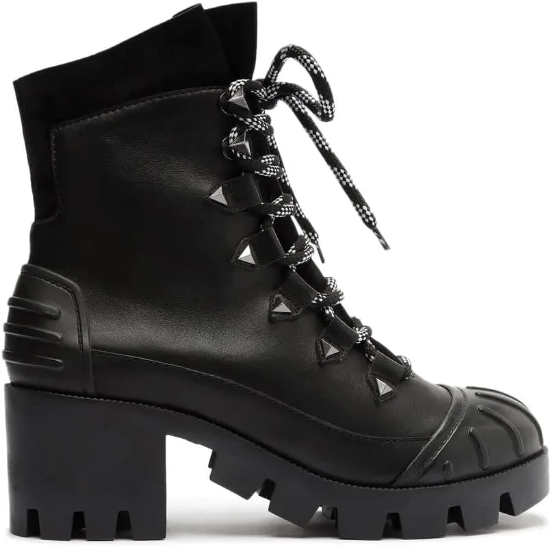 SCHUTZ Jan Black Leather Lace Up Block Heel Rounded Toe Womens Ankle Booties