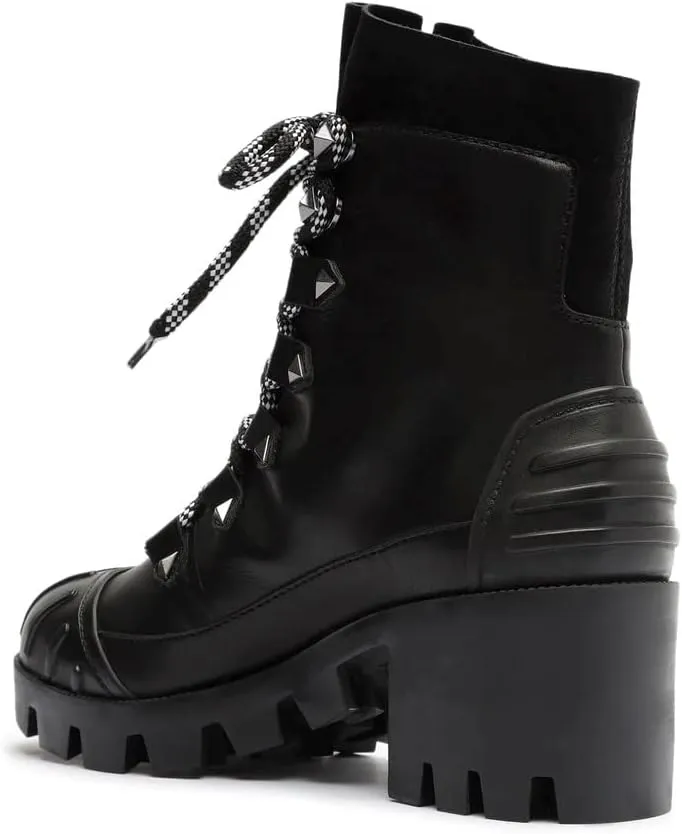 SCHUTZ Jan Black Leather Lace Up Block Heel Rounded Toe Womens Ankle Booties