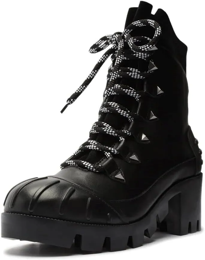 SCHUTZ Jan Black Leather Lace Up Block Heel Rounded Toe Womens Ankle Booties