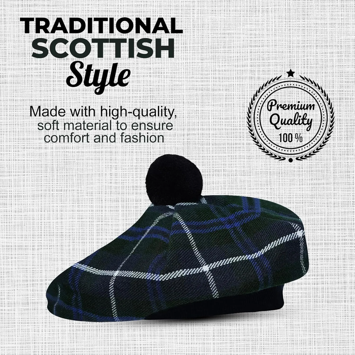 Scottish Traditional Tam o' Shatner Acrylic Wool Tammy Hat Flat Bonnet Kilt Many Tartans