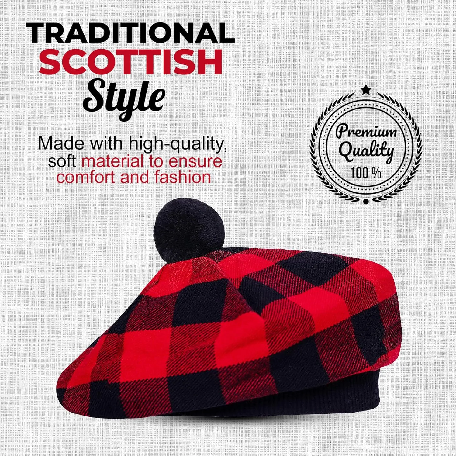 Scottish Traditional Tam o' Shatner Acrylic Wool Tammy Hat Flat Bonnet Kilt Many Tartans